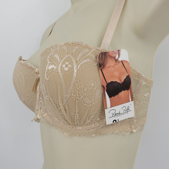 Rene Rofe 34C Push Up Bra Beige Lace Bow Padded Underwire Removable Straps NEW - Picture 4 of 12